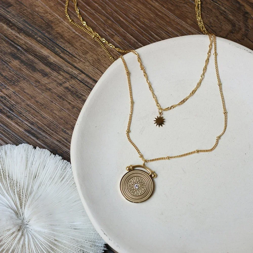 NEW 18K Gold Plated Vintage Diamond Coin Star Double Layer Necklace